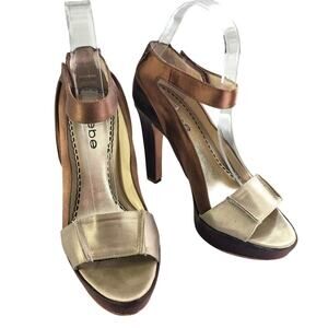 BEBE! ESPRESSO BROWN SATIN HEEL, TAN/GOLD LEATHER PEEP TOE PLATFORM HEELS! SZ 6M